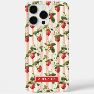 Aquarell-Erdbeeren auf gestreiften Monogrammen iPhone 16 Pro Max Hülle