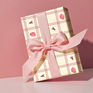 Aquarell-Erdbeeren auf rosa Karo – Valentinstag Geschenkpapier
