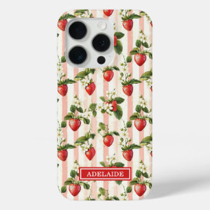 Aquarell-Erdbeeren auf Streifen monogrammiert Case-Mate iPhone Hülle