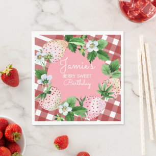 Aquarell-Erdbeeren Erster Geburtstag Kariert Serviette