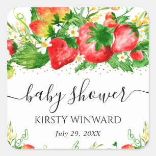 Aquarell-Erdbeeren und Blumen Baby Shower Quadratischer Aufkleber