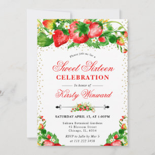 Aquarell Erdbeeren und Blumen Sweet 16 Einladung