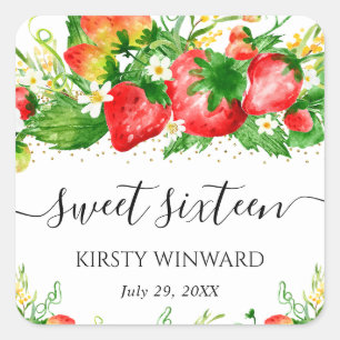 Aquarell-Erdbeeren und Blumen Sweet Sixteen Quadratischer Aufkleber
