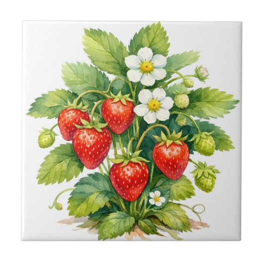 Aquarell Erdbeeren und Blüten Fliese (Vorderseite)