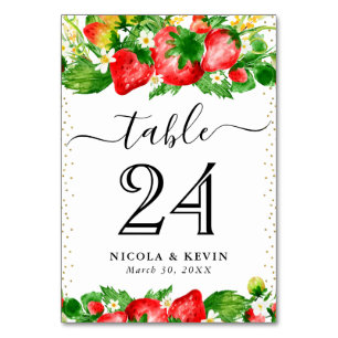 Aquarell Erdbeeren und Sommerblumen Hochzeit Tischnummer