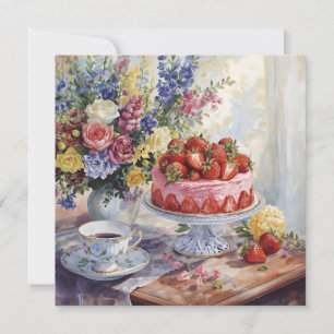 Aquarell-Erdbeerkuchen und Blumen-Stillleben Karte