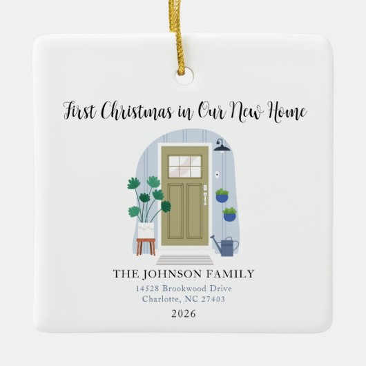 Aquarell Erste Weihnachten in unserer neuen Zuhaus Keramikornament (Vorderseite)