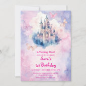 Aquarell Erster Geburtstag Burg & Schmetterling Einladung (Vorderseite)