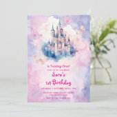 Aquarell Erster Geburtstag Burg & Schmetterling Einladung (Stehend Vorderseite)