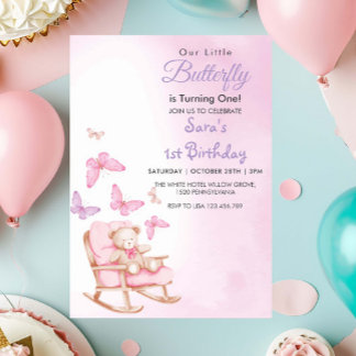 Aquarell Erster Geburtstag Teddy & Butterfly Einladung