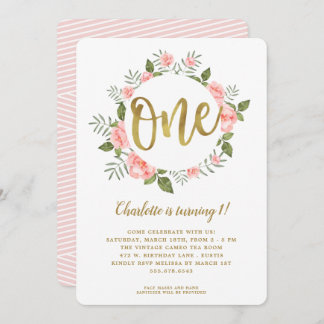 Aquarell Erstgeburt Gold und Rosa Blüten Einladung