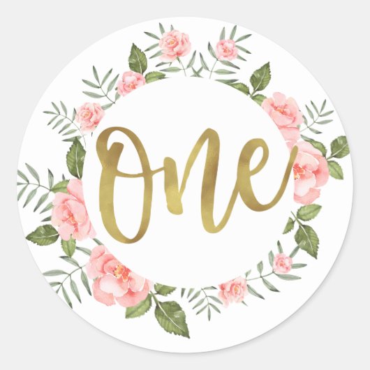 Aquarell Erstgeburt Gold und Rosa Blüten Runder Aufkleber (Vorderseite)