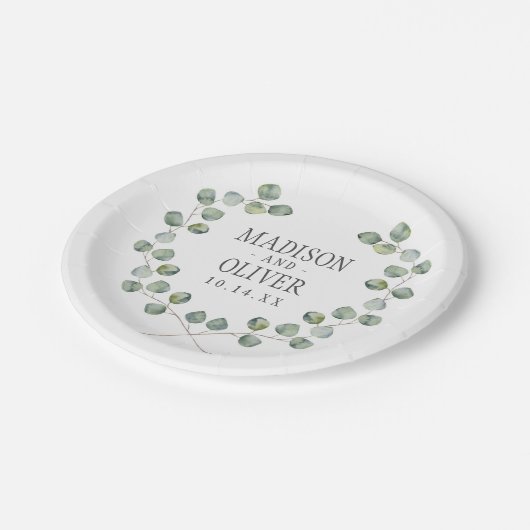 Aquarell-Eukalyptus-Blatt-Spant Wedding | Pappteller (Schrägansicht)