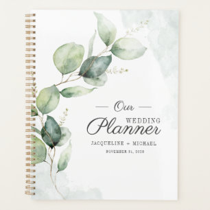 Aquarell-Eukalyptus-Blätter Schrift Florale Hochze Planer