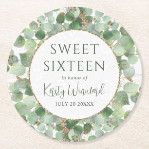 Aquarell-Eukalyptus-Blattwerk Sweet 16 Runder Pappuntersetzer
