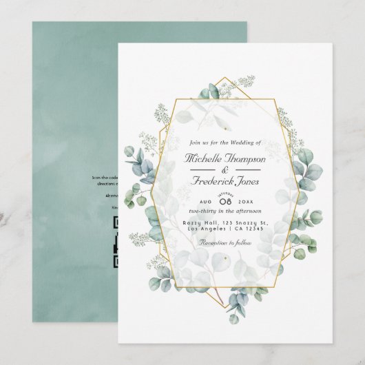 Aquarell-Eukalyptus-Geometrie-QR-Code-Hochzeit Einladung (Vorne/Hinten)