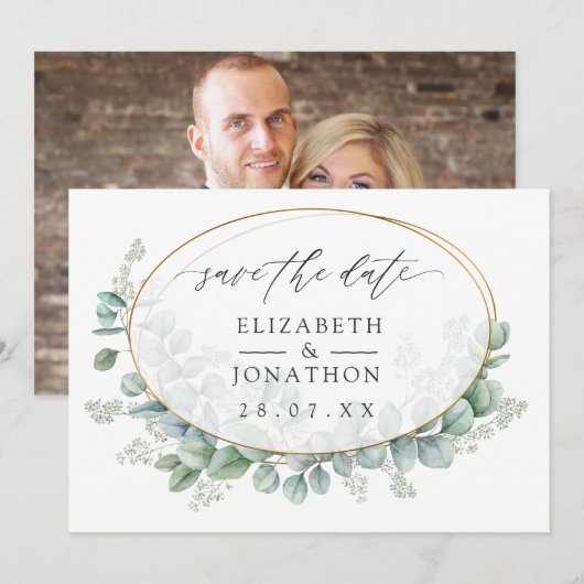 Aquarell-Eukalyptus-Geometrische-Hochzeit Save The Date (Vorne/Hinten)