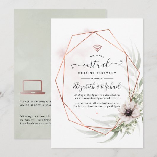 Aquarell-Eukalyptus-Geometrische-Virtual-Wedding Einladung (Vorne/Hinten)