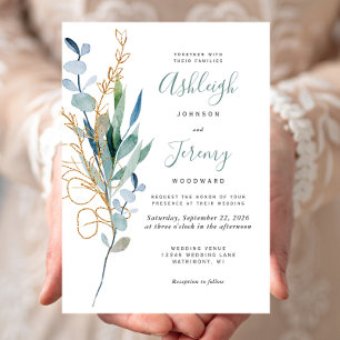Aquarell-Eukalyptus-Grün-Gold-Hochzeit Einladung
