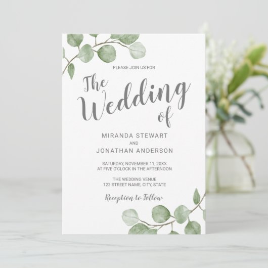 Aquarell-Eukalyptus-Grün-Hochzeit Einladung (Stehend Vorderseite)