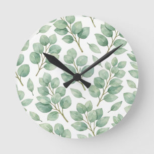 Aquarell-Eukalyptus-Grünmuster Runde Wanduhr