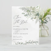 Aquarell-Eukalyptus-Grünpflanzen-Laub Sage-Grün Save The Date (Stehend Vorderseite)