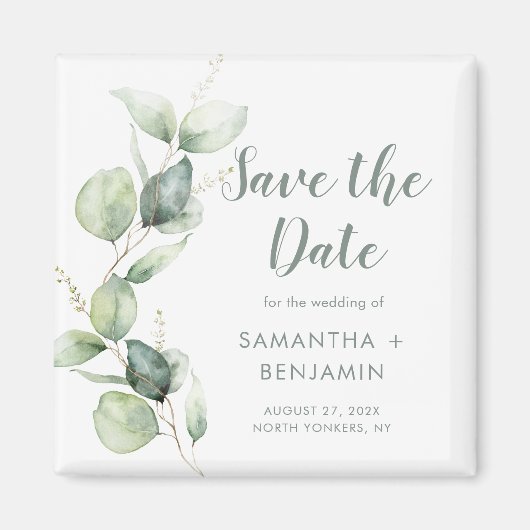Aquarell-Eukalyptus-Hochzeit 'Save the Date' Magnet (Vorne)