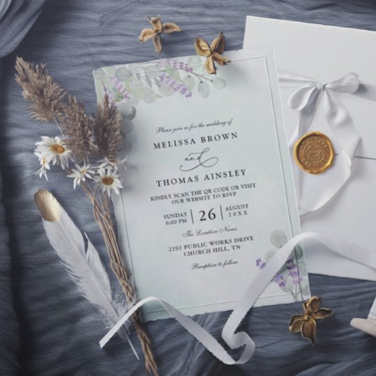 Aquarell-Eukalyptus-Lavendel-QR-Code-Hochzeit Einladung