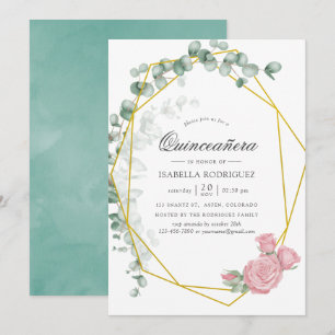 Aquarell-Eukalyptus-Rosen-Geometrische Quinceañera Einladung