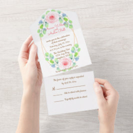 Aquarell-Eukalyptusblätter und rosa Blume All In One Einladung