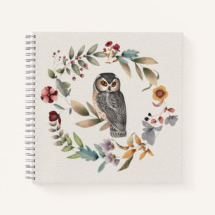 Aquarell-Eule-Blumenkranz Notizblock