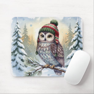 Aquarell-Eule mit Winterhut Mousepad