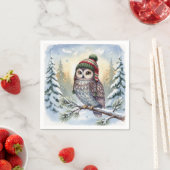Aquarell-Eule mit Winterhut Serviette (Beispiel)