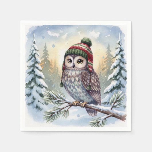 Aquarell-Eule mit Winterhut Serviette (Vorderseite)