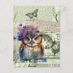 Aquarell-Eule Vintage-Papiere Collage-Postkarte Postkarte