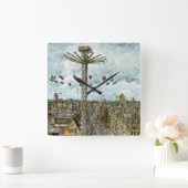 Aquarell-europäische Schwingen-Fahrt der Quadratische Wanduhr (Zuhause)