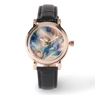 Aquarell-Fantasie-Blumenmuster in Pastellblau und Armbanduhr