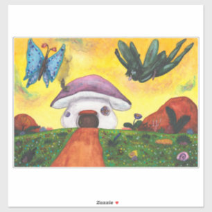 Aquarell-Fantasie-Fee-Schmetterling-Pilzhaus Aufkleber