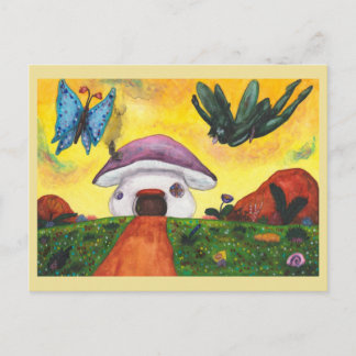 Aquarell-Fantasie-Fee-Schmetterling-Pilzhaus Feiertagspostkarte