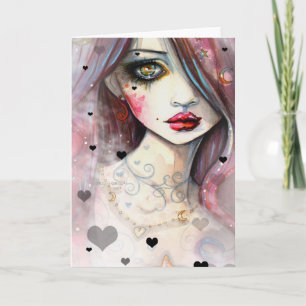 Aquarell-Fantasie-Kunst Mädchen und Herzen Karte