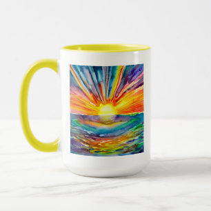 Aquarell Farbiger Sonnenuntergang über dem Wasser Tasse