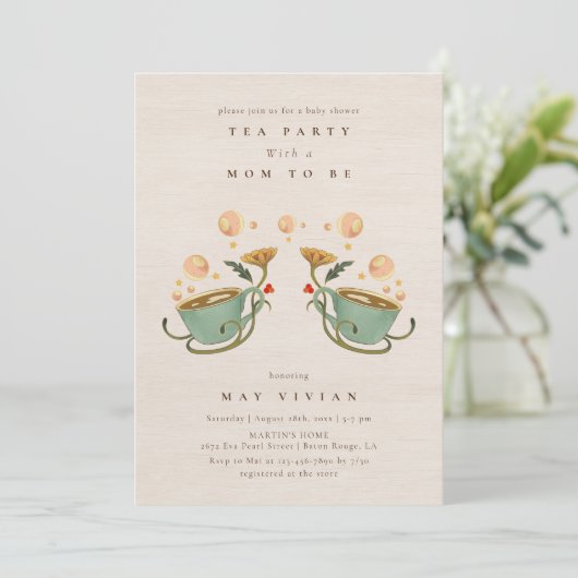 Aquarell Fecore Blumenkohl Tee Party Kinderdusche Einladung (Stehend Vorderseite)