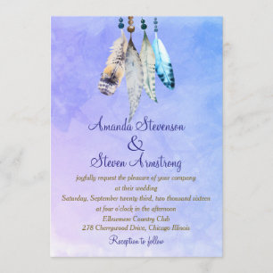 Aquarell-Federn auf bläulicher lila Hochzeit Einladung