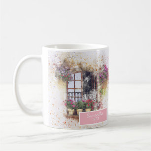 Aquarell-Fenster-Garten Bunte Blumen Benutzerdefin Kaffeetasse