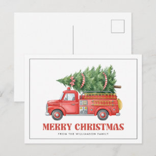 Aquarell-Feuerwehrmann-Weihnachten-Feuerwehrauto Feiertagspostkarte