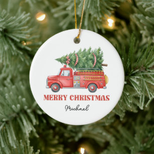 Aquarell-Feuerwehrmann-Weihnachten-Feuerwehrauto Keramik Ornament