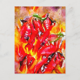 Aquarell feurig brennde Chilischoten. Chili. Postkarte