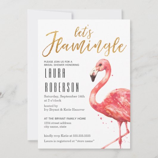 Aquarell Flamingle in Gold | BRAUTPARTY Einladung (Vorderseite)