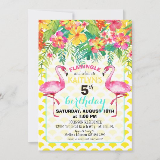 Aquarell-Flamingo und tropischer Blumengeburtstag Einladung (Vorderseite)