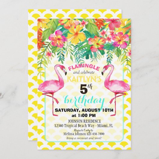 Aquarell-Flamingo und tropischer Blumengeburtstag Einladung (Vorne/Hinten)